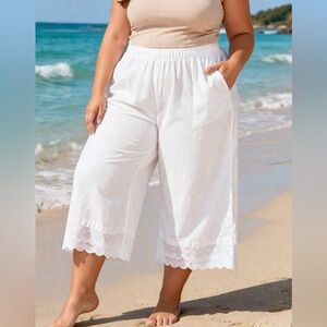 Cynthia Rowley Linen Blend White Wide Leg Pants Lace Eyelet Hem Size 2X